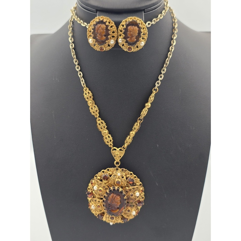West‎ Germany Rootbeer Cameo Set Filigree Faux Pearl Rhinestone Necklace